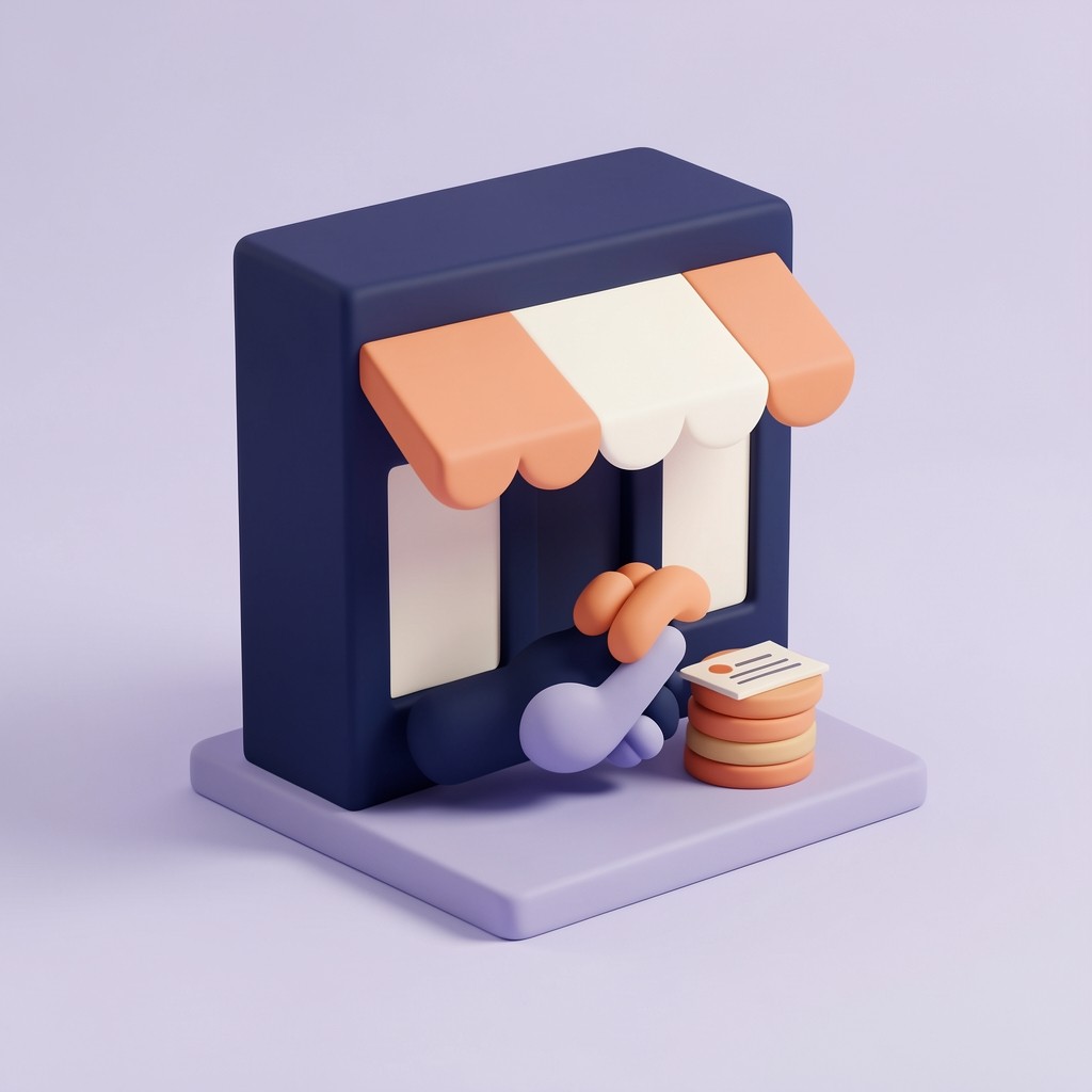 A small shopfront with a handshake sculpture and stacked coins