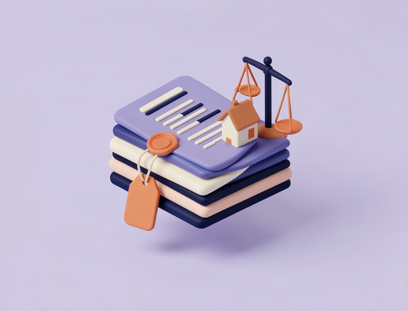 A stack of legal documents with a house, a set of scales and a single price tag