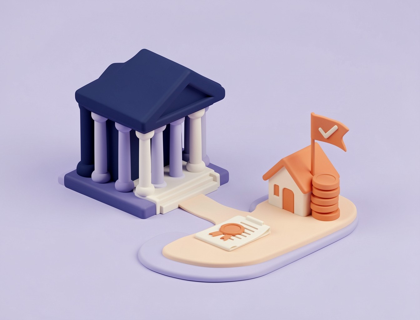 A courthouse model with a path leading from a sealed document to a house and coins