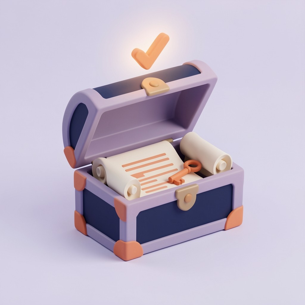 A folder shaped like a chest with a scroll and a key