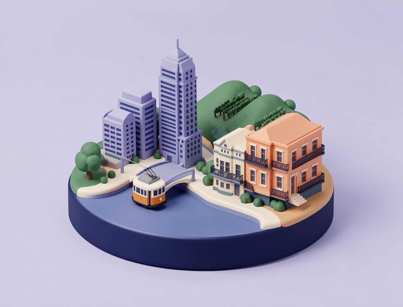 A miniature Melbourne scene with a tram, the river, city towers and terrace houses