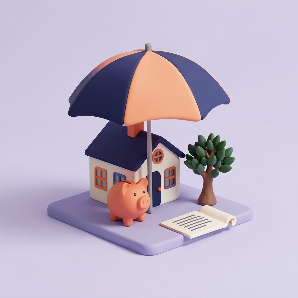 An umbrella sheltering a house, a piggy bank and a small tree