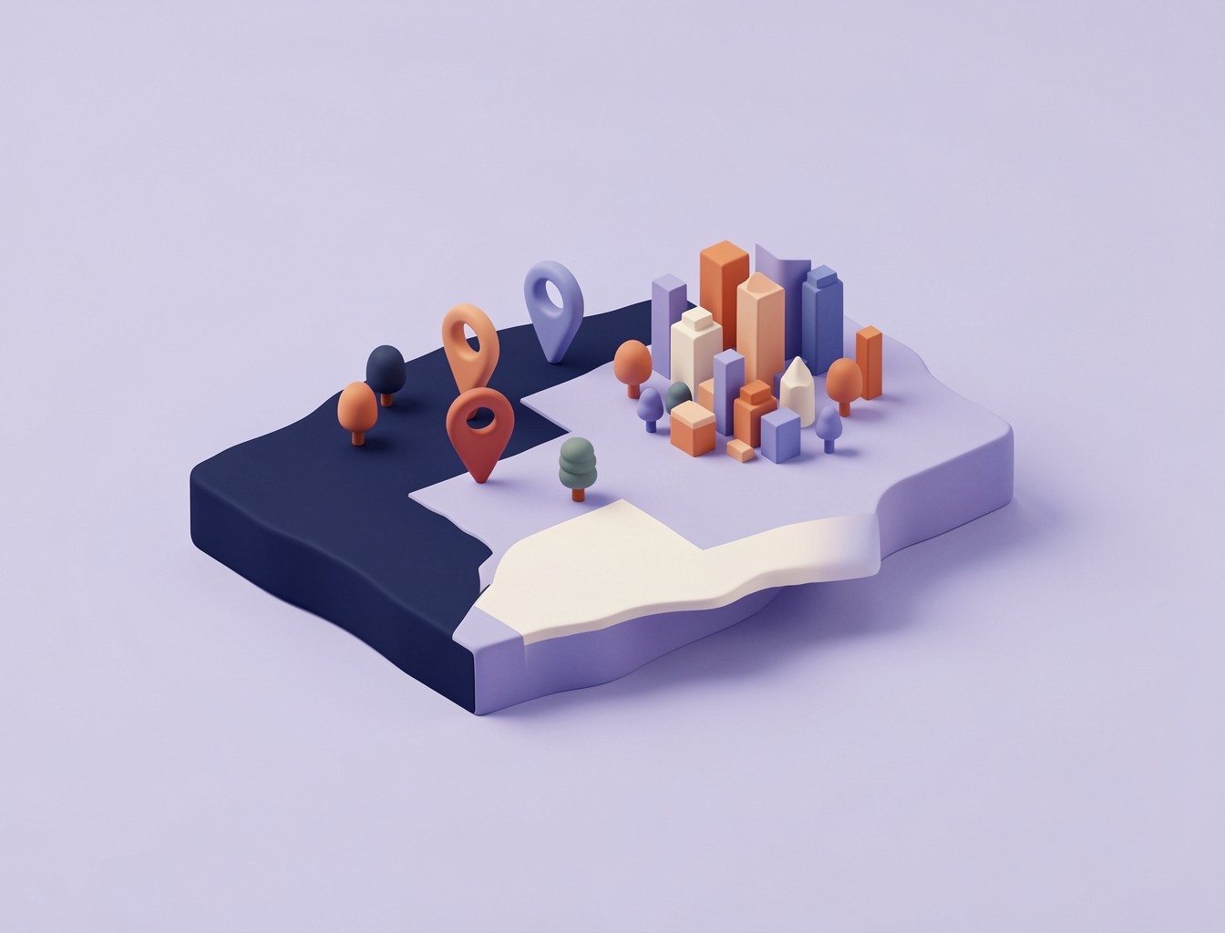 A stylised map of Victoria with five location markers